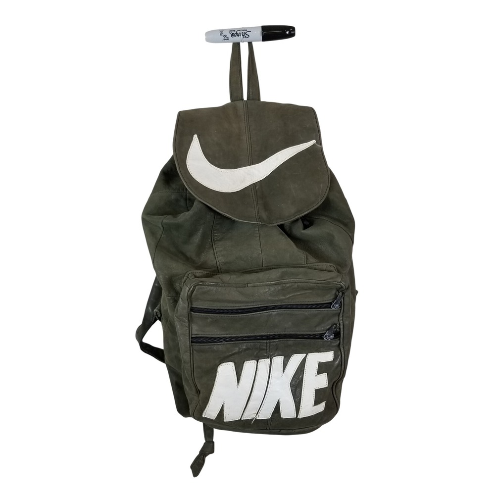 VTG Nike Leather‎ Backpack Olive Green Rucksack Swoosh Logo Bag